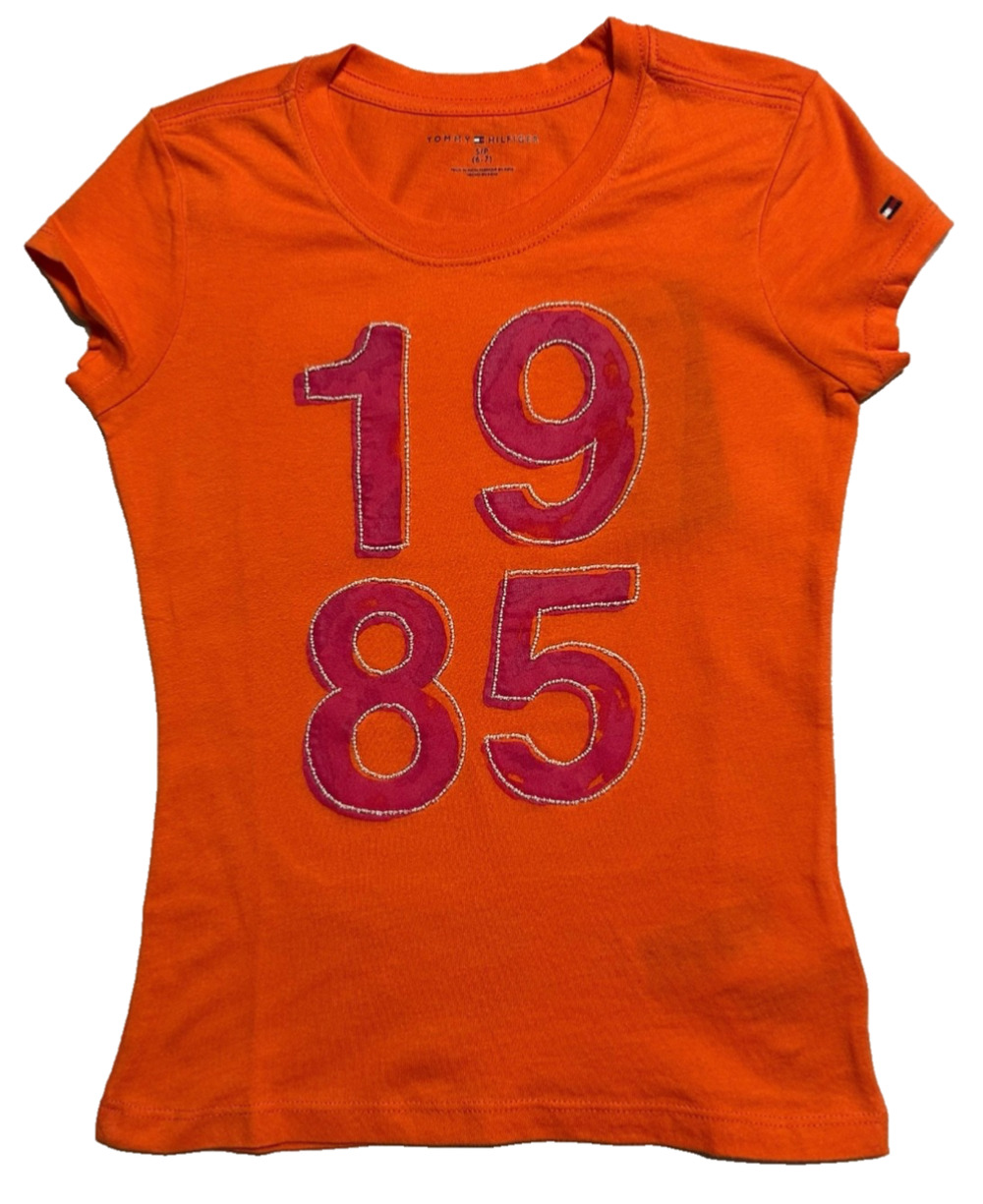 NWT Vintage Tommy Hilfiger Big Girls Orange Crew Neck Graphic Tee Size S 6- 7